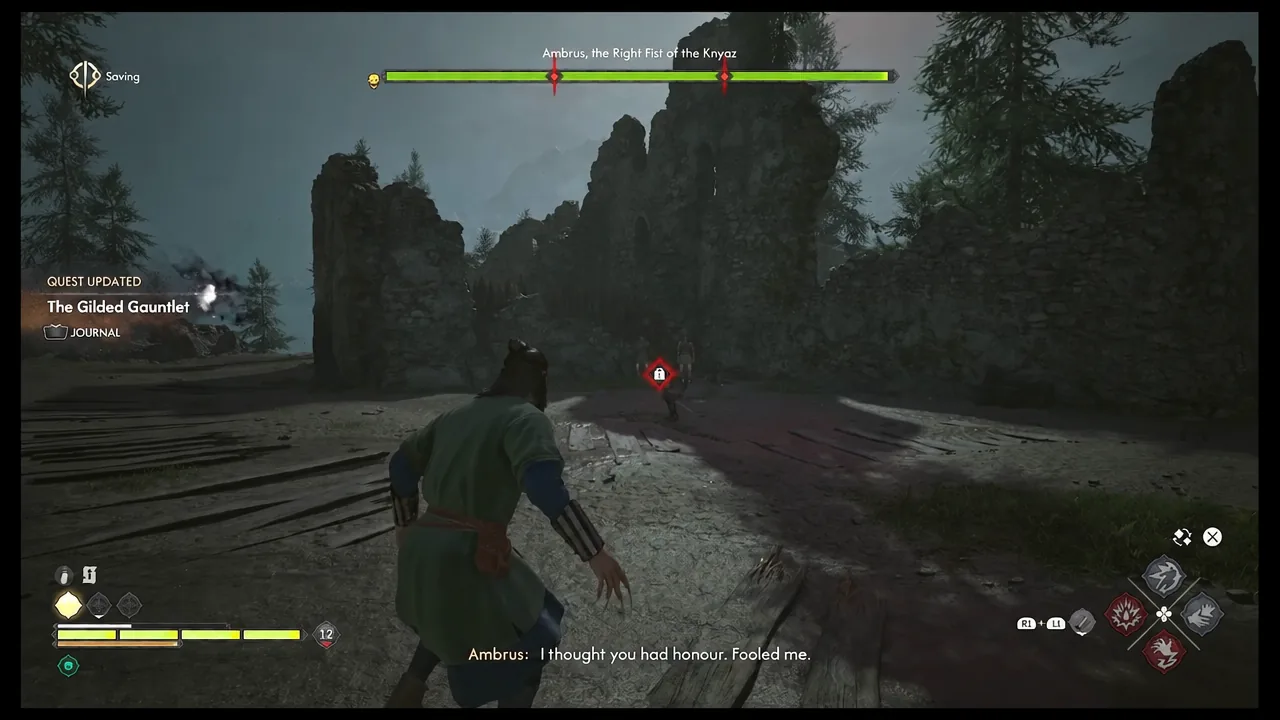 Ambrus in the duel with a normal green health bar and red phase markers.