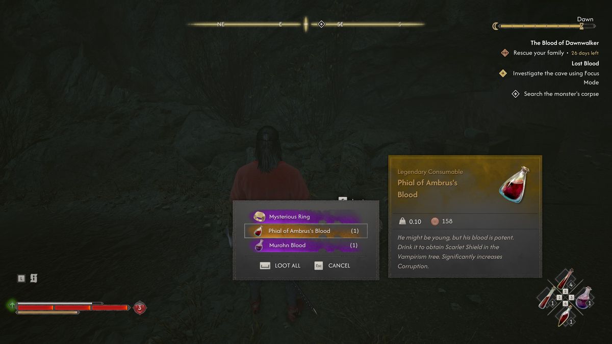 Check the full item name: Phial of Ambrus’s Blood names Scarlet Shield. Murohn’s Blood is listed separately below it.