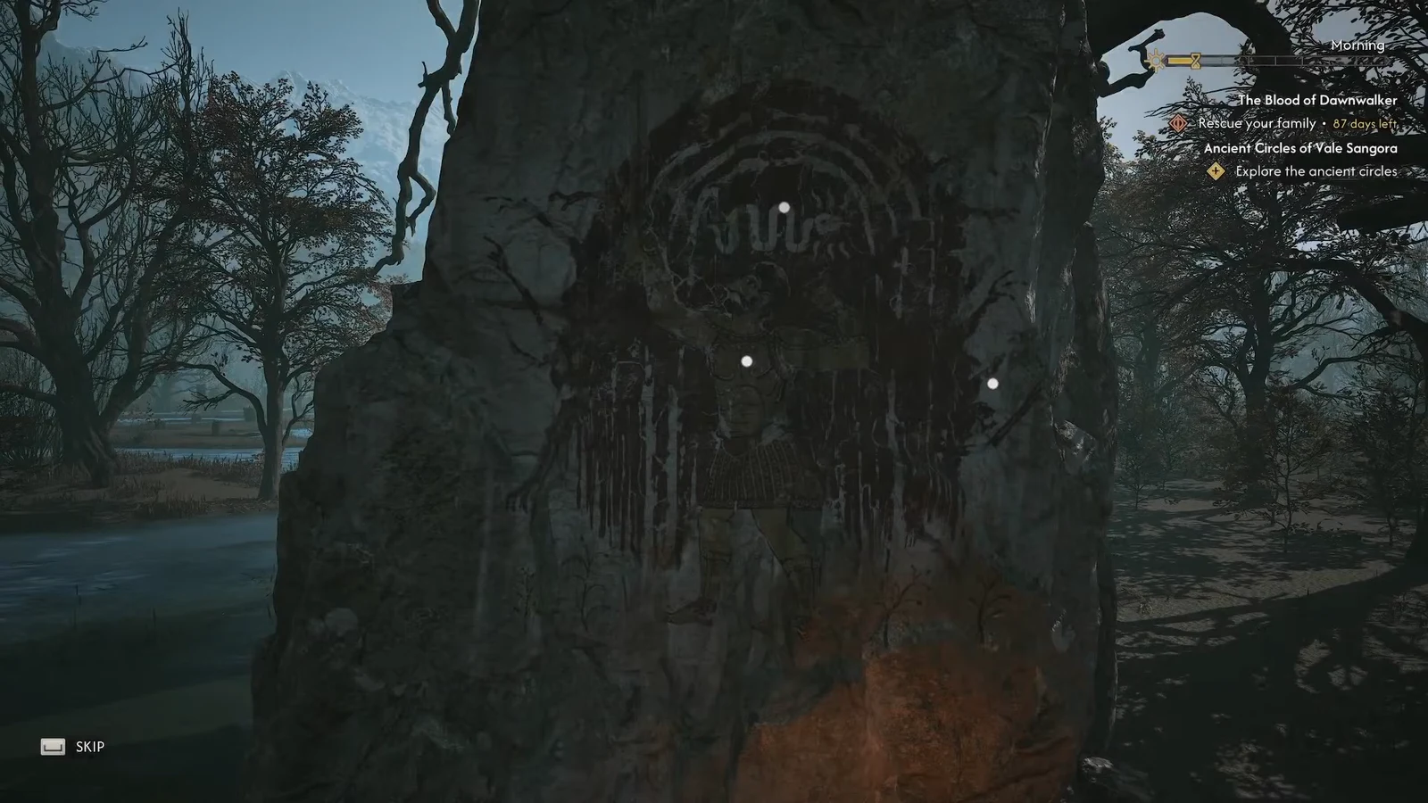 White investigation markers on the stone. The save timer shown is not a trial deadline.