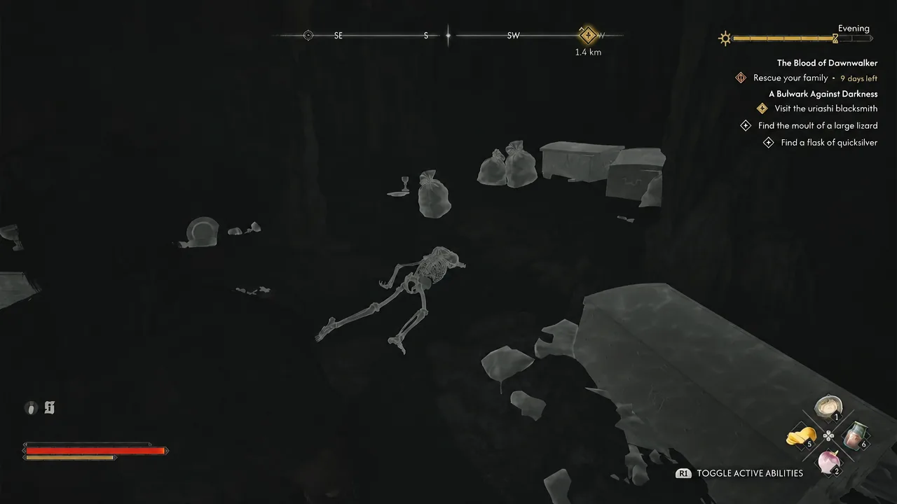 The cave reference shows a floor skeleton and containers; it does not show the cemetery hand-in.