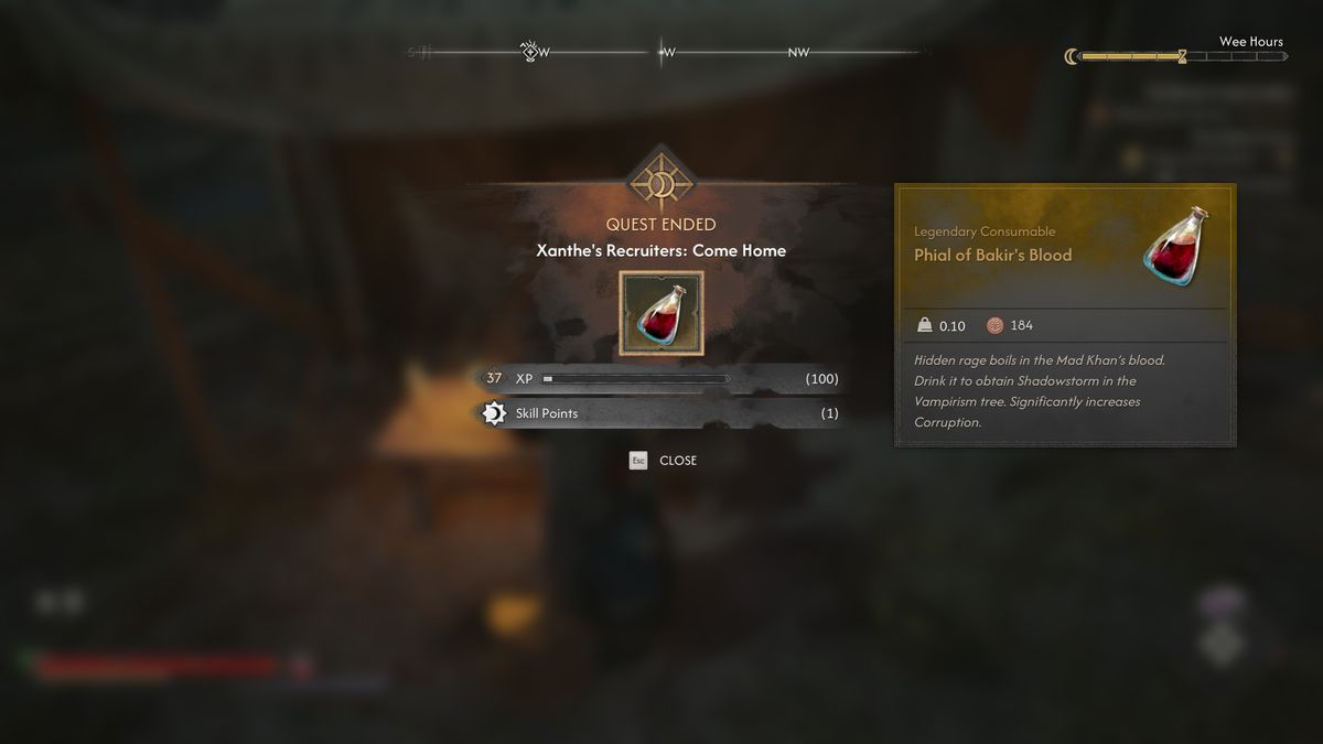 The Come Home completion screen names Phial of Bakir’s Blood and Shadowstorm. Collecting the phial is separate from drinking it.
