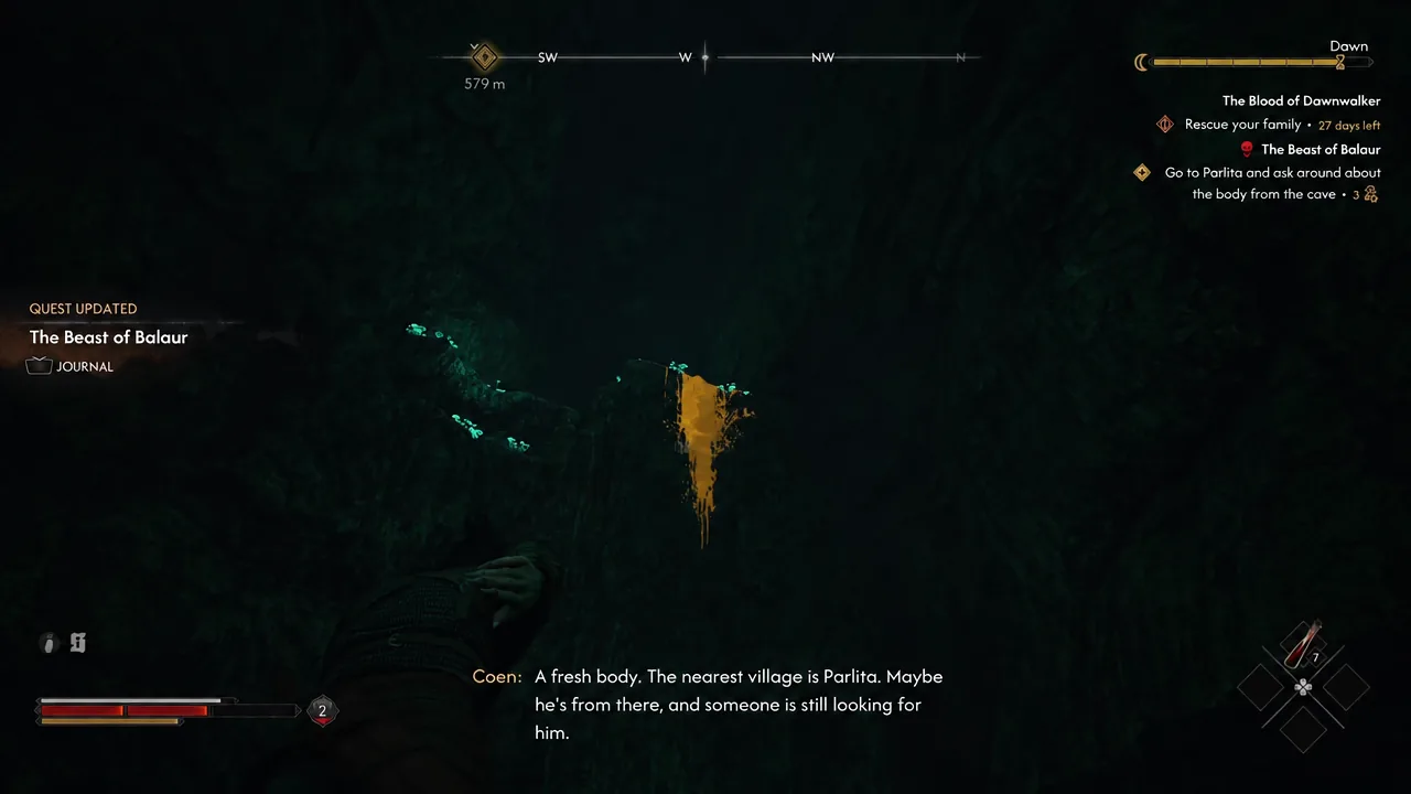 Investigating the cave body updates the journal to ask about it in Parlita.