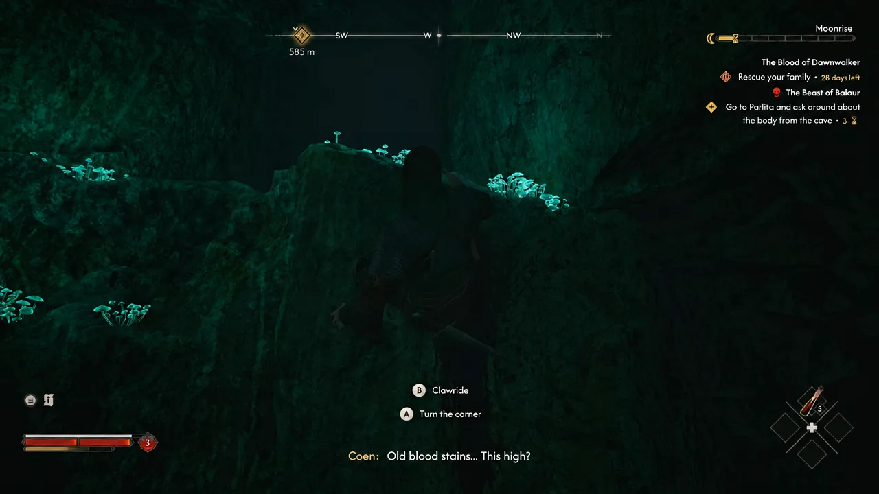 Clawride and Turn the corner prompts on the upper cave route at night.