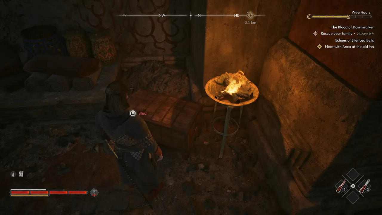 Wooden chest beside the fire bowl, displaying Steal