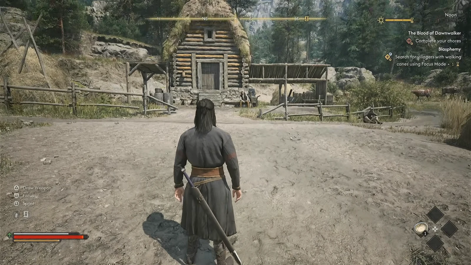 The cane-search objective beside the village house; use the conversation to confirm Premysl's name.
