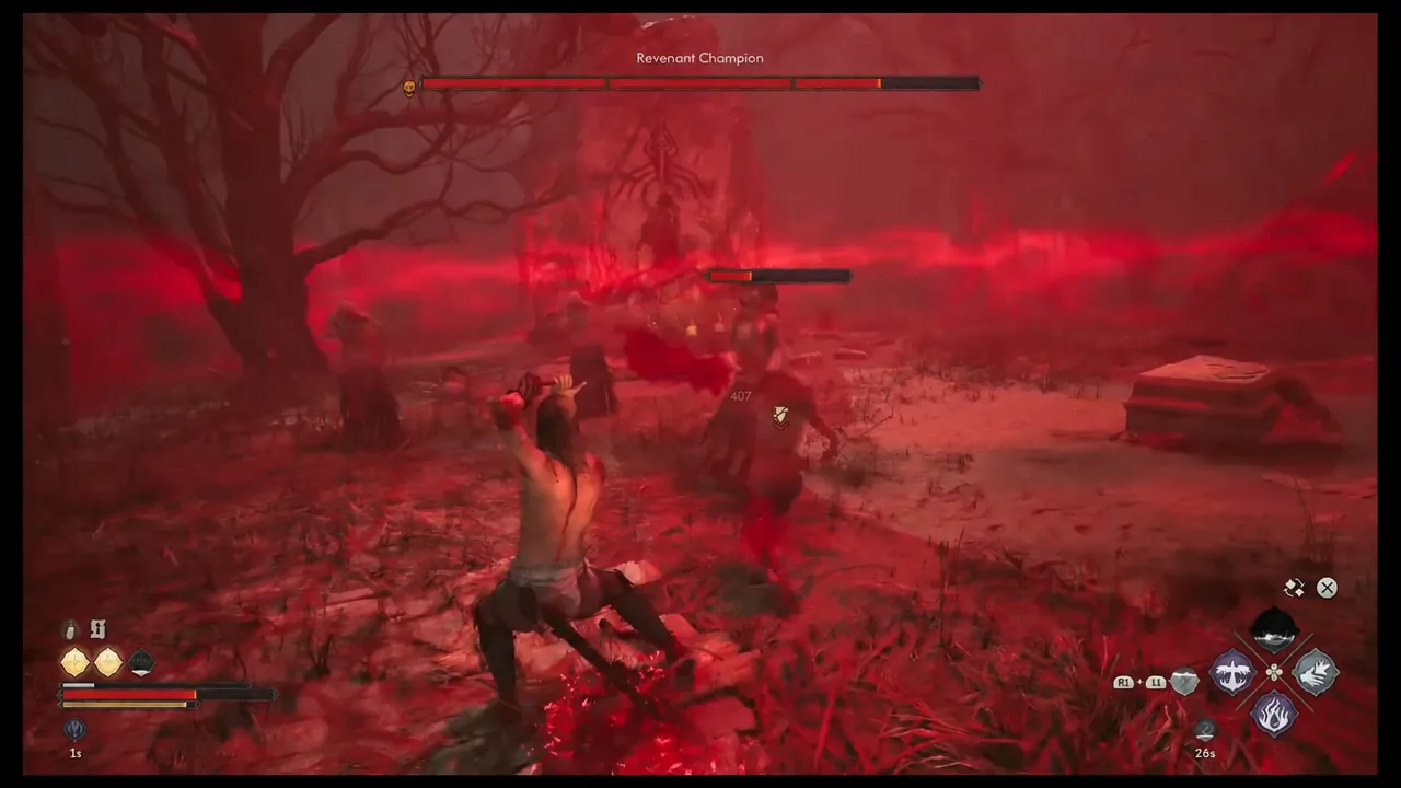 Revenant Champion health bar and red arena boundary.