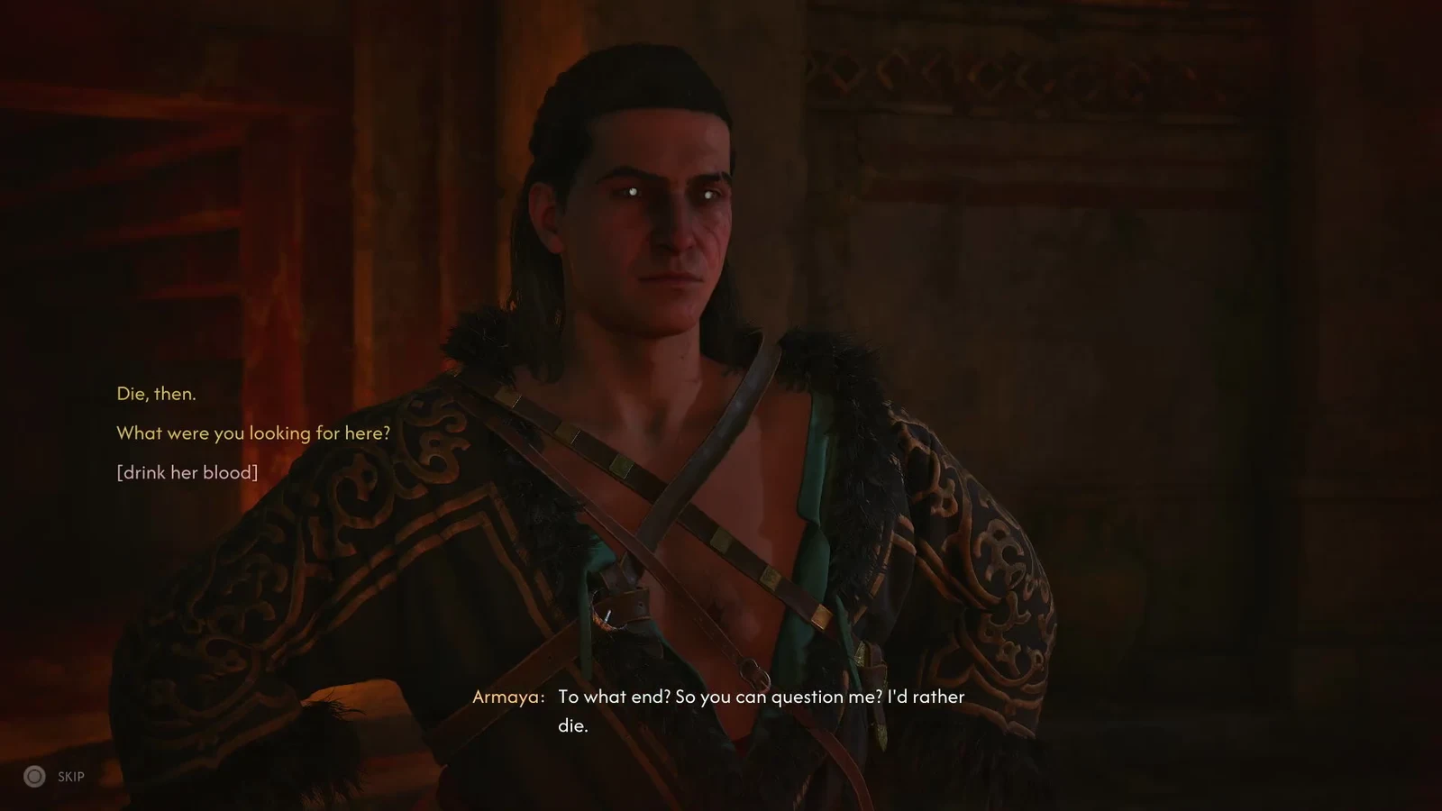 Armaya dialogue after combat: execution, a question, and blood-drinking replies are visible.