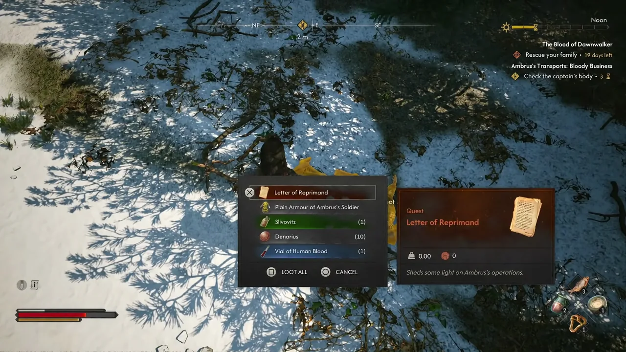 Letter of Reprimand is selected in the corpse loot list while the objective asks to check the captain’s body.