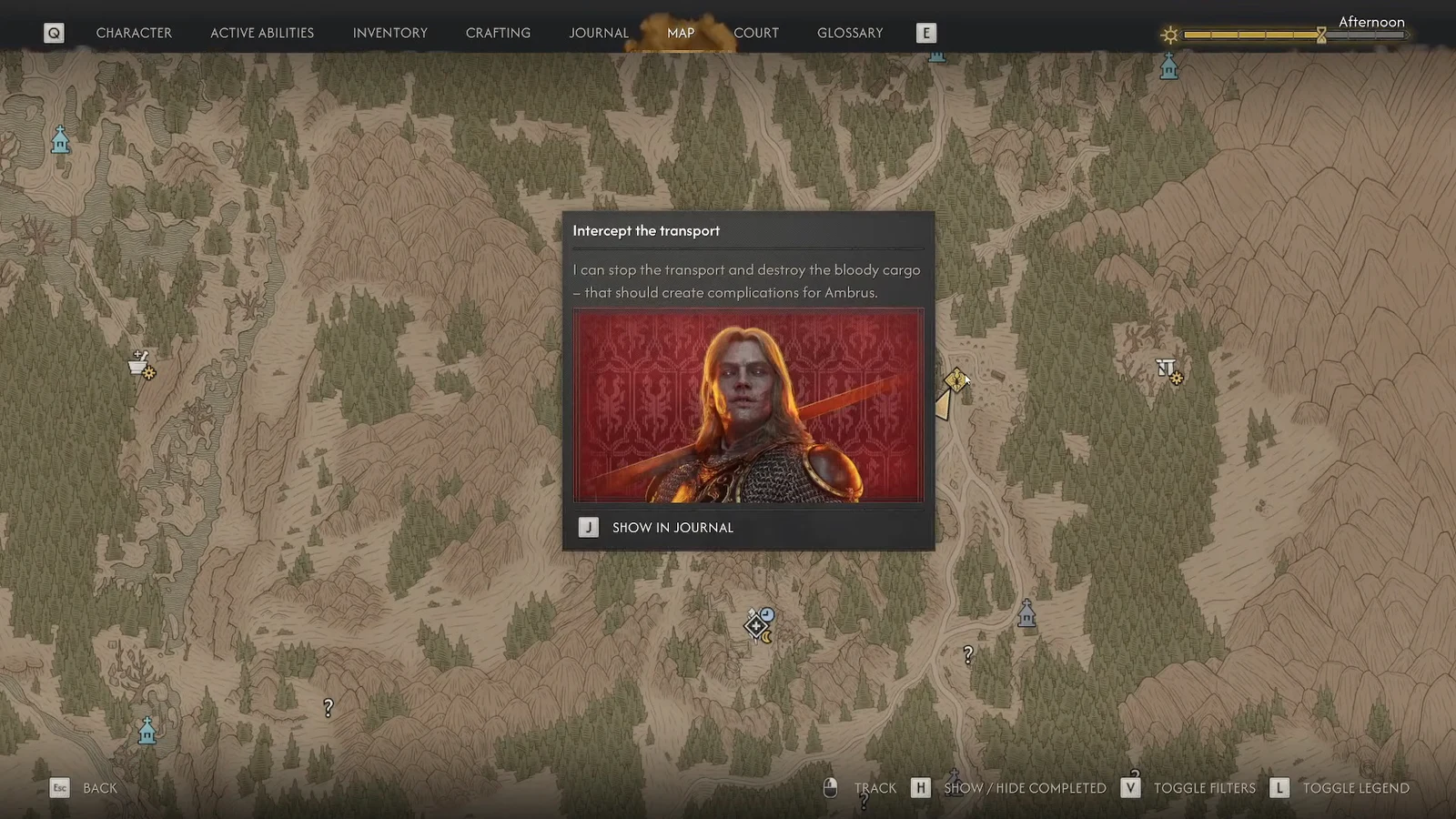 The map shows the intercept-transport activity prompt. Named landmarks are not visible in this crop.