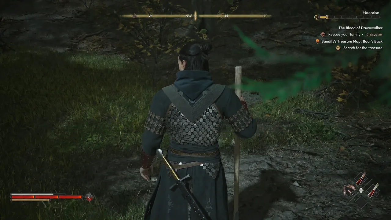 Coen holding a shovel with the Boar's Back treasure activity tracked; this frame does not show the final loot.