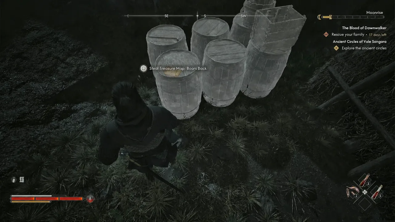 Treasure Map: Boars Back pickup on the barrel stack; the Ancient Circles tracker is a separate activity.