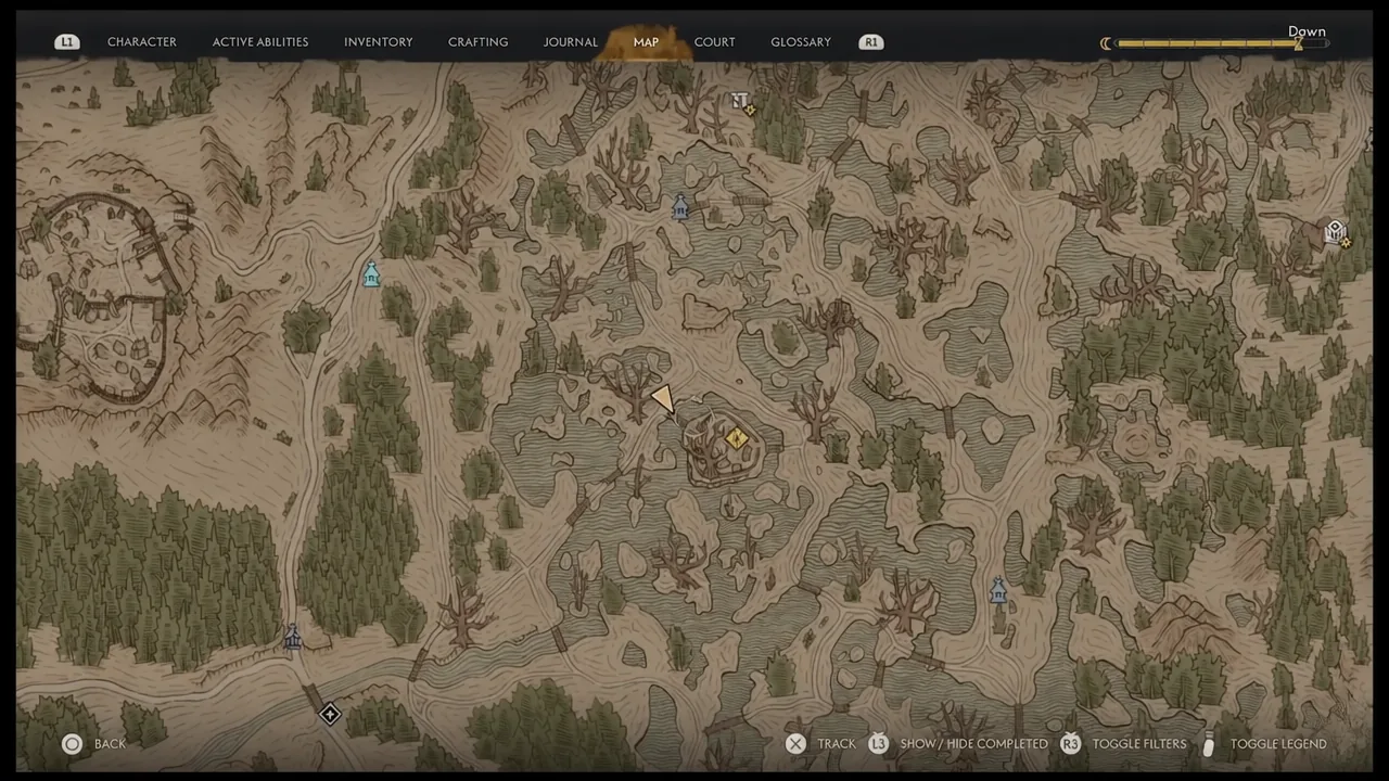 Marsh terrain reference; the selected marker has no visible quest label.