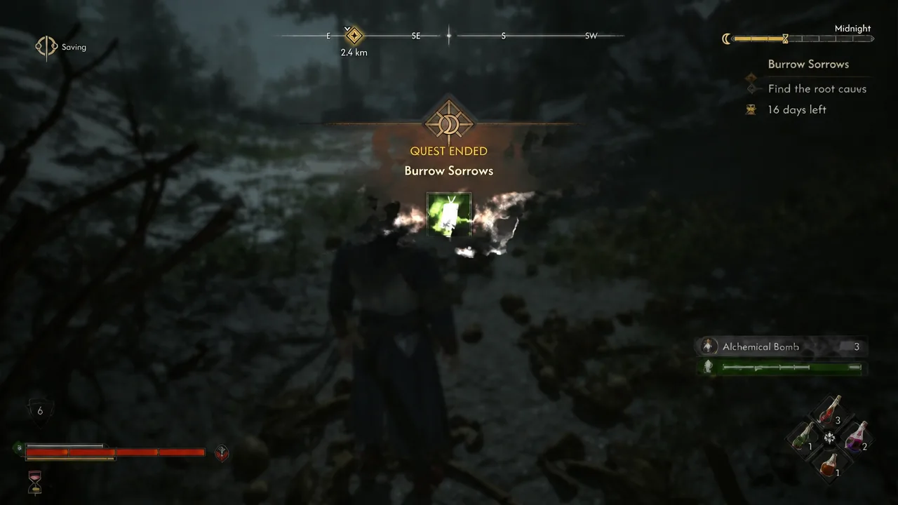 The quest-ended banner confirms the return conversation is complete.