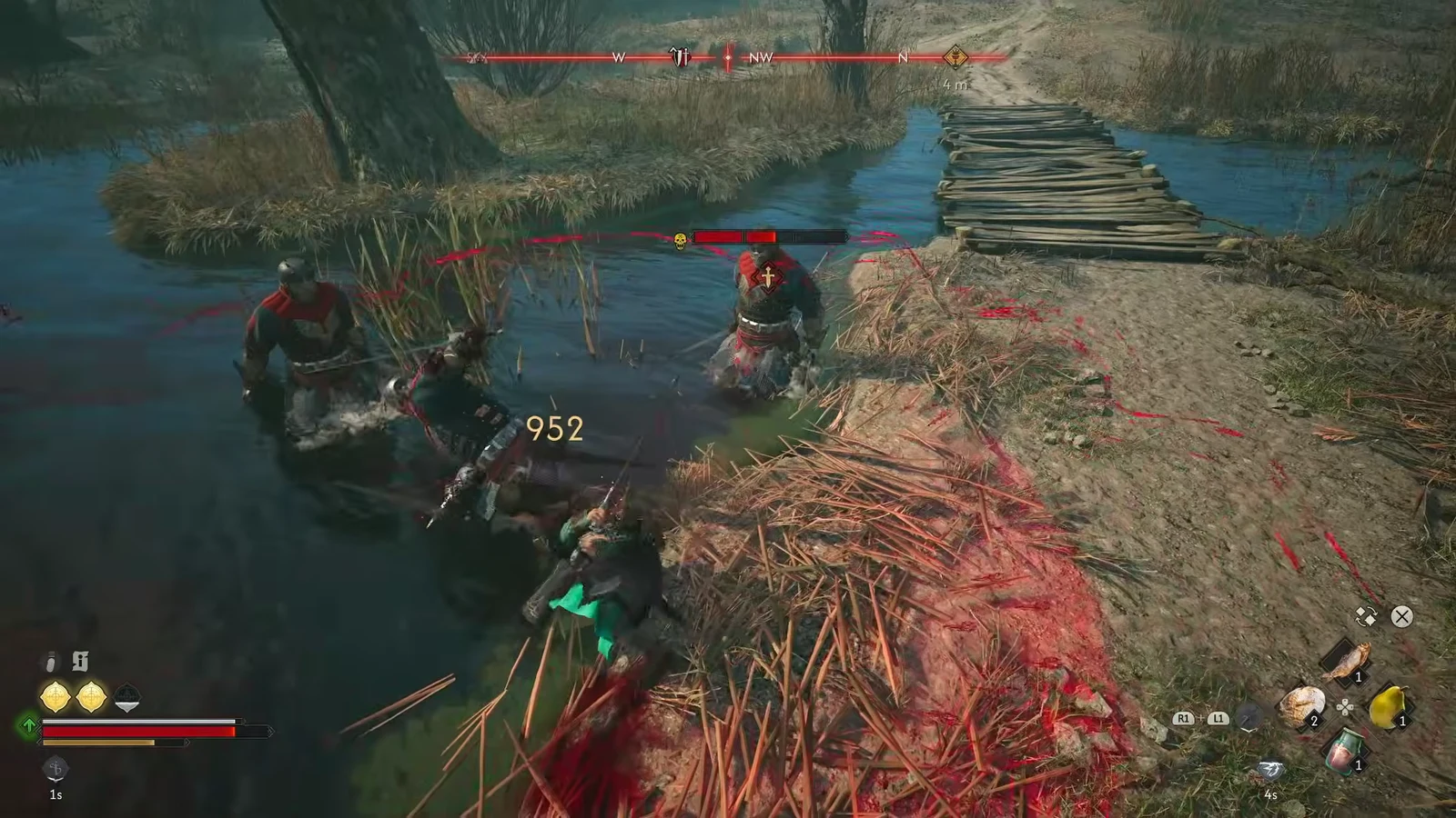Combat in shallow water beside a wooden footbridge; this close view does not establish the map location.