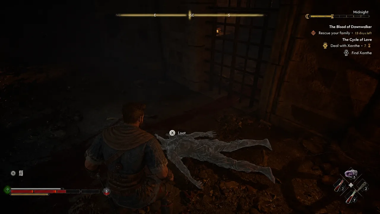 Loot interaction on a dungeon corpse with Find Xanthe tracked; the key name is not visible.
