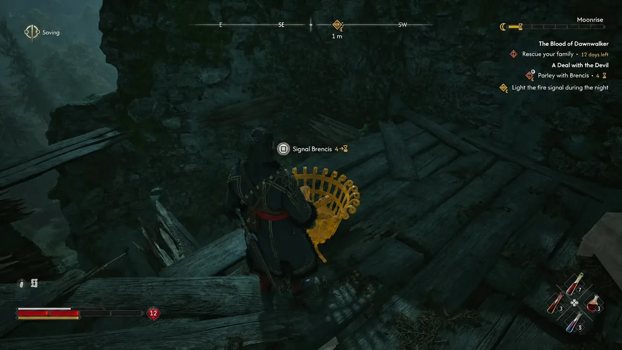 Signal Brencis at the tower brazier during Moonrise; the visible time cost is for this interaction, not every remaining quest.