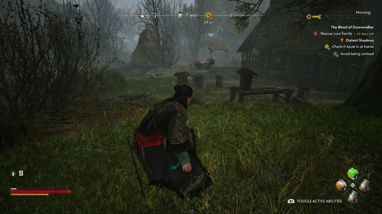 Coen crouches near the hut with the observation and avoid-detection objectives active.