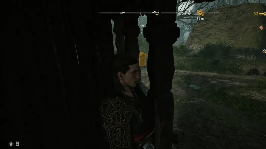 Coen takes cover behind a wooden structure. This frame does not establish the hut entrance or a safe route past the dog.