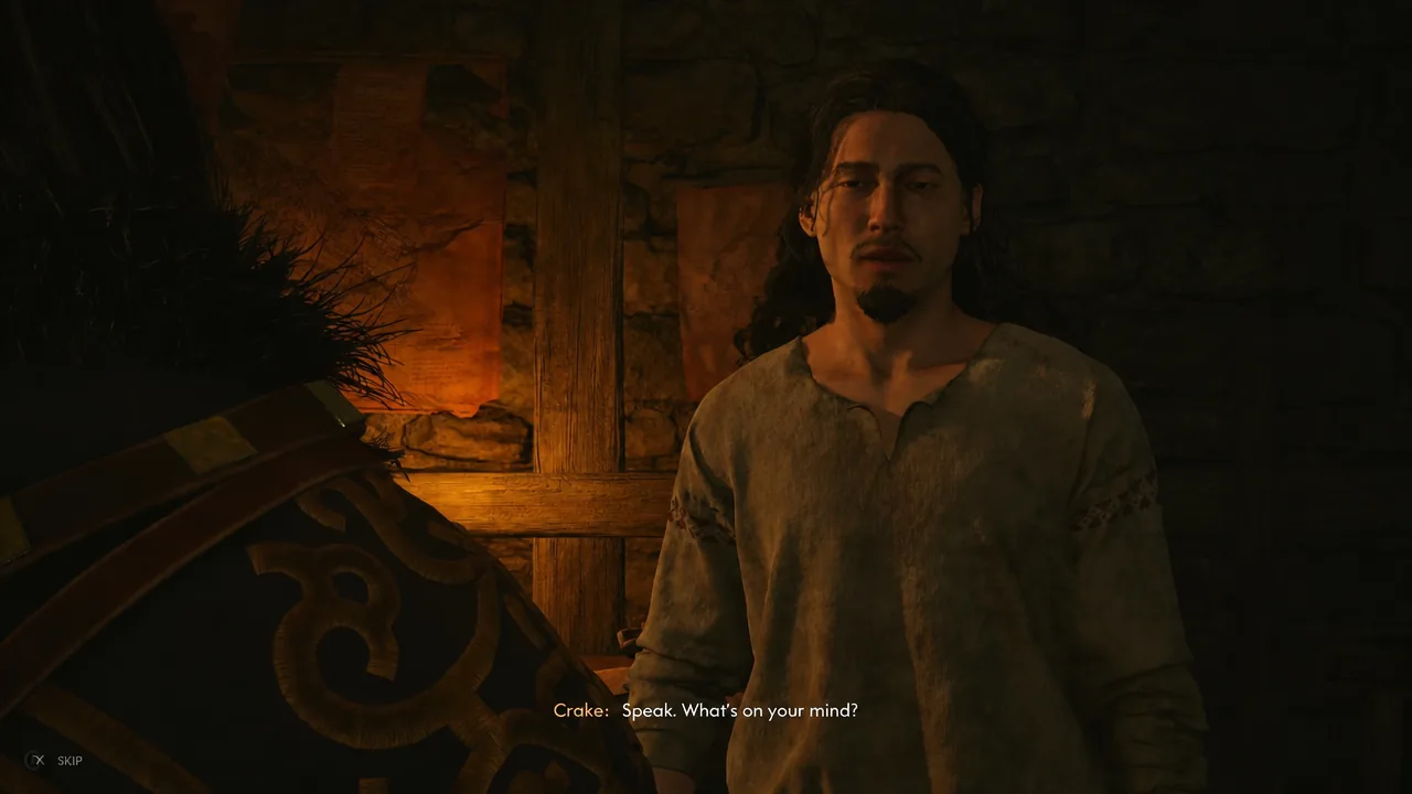 A conversation with Crake in the hideout; the frame does not show the later response to Drogos.