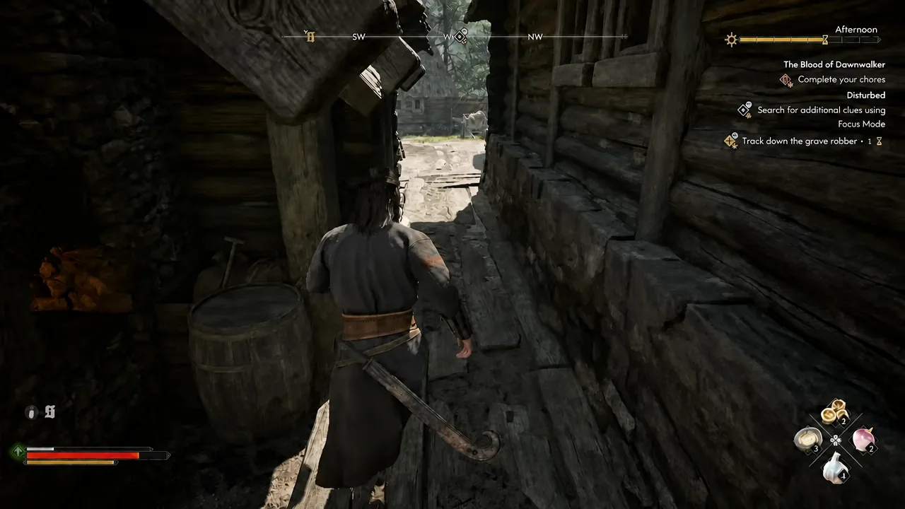 The narrow village passage with Disturbed tracking active; the image does not show a completed shovel inspection.