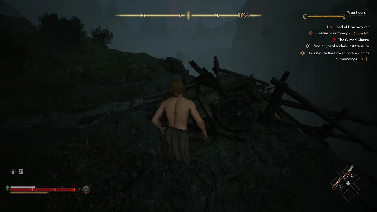 Broken-bridge wreckage at the route start, not the cart containing Durandal on the gorge floor.