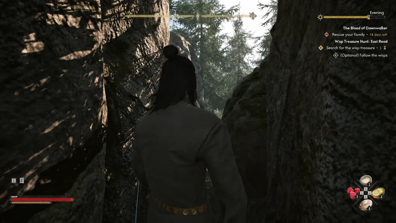 Coen in the rocky passage with East Road tracked; this frame does not show the final chest contents.