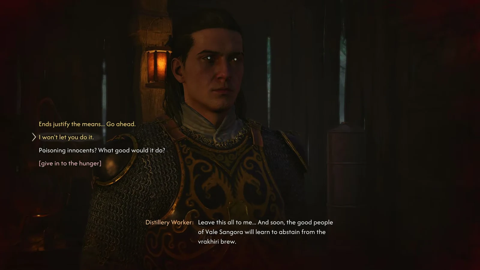 The Distillery Worker dialogue offers permission to poison or an explicit refusal.
