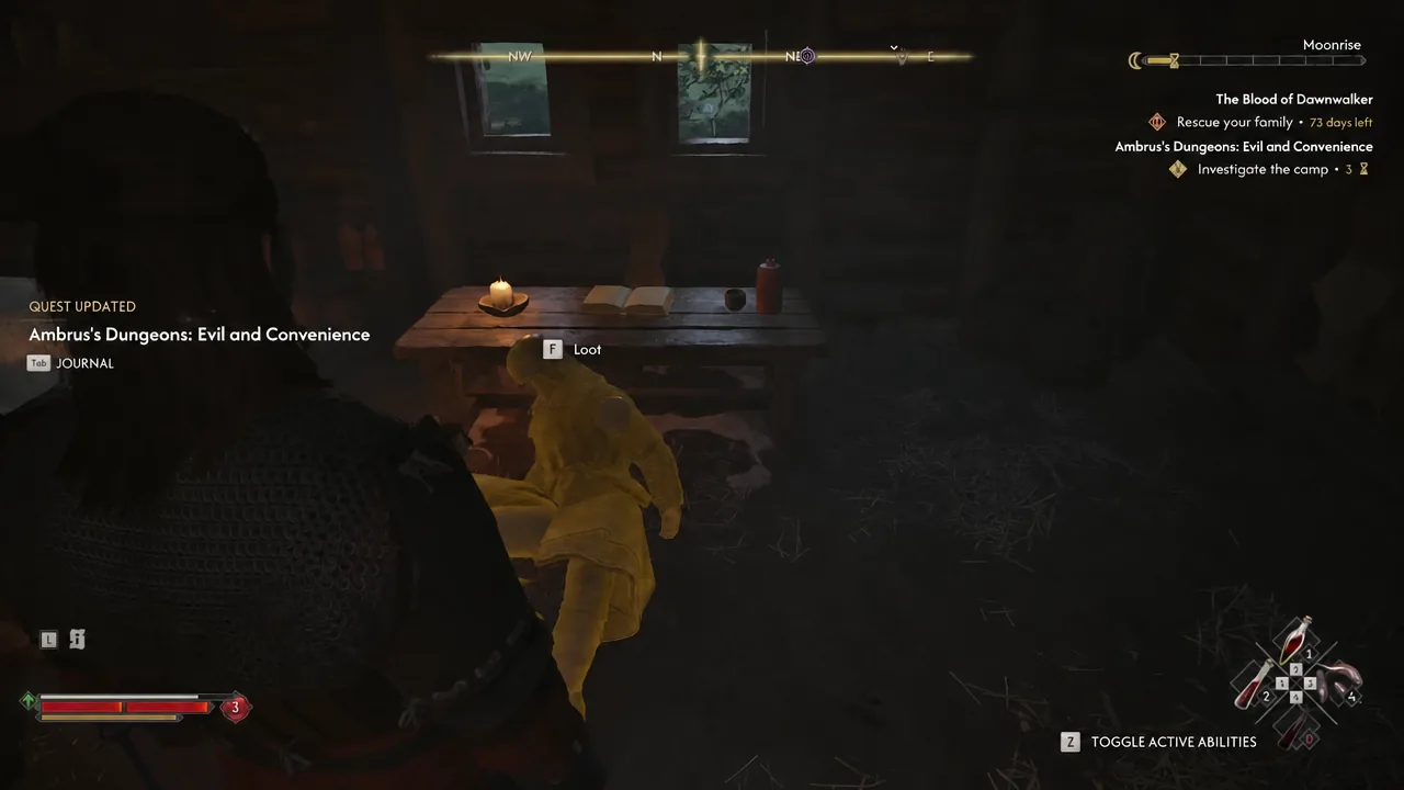 A lootable body beside the cabin desk after the encounter. The loot list is not open.