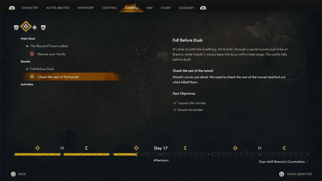 The journal confirms the secret-tunnel plan and Check the rest of the tunnel; the displayed date belongs to this save.