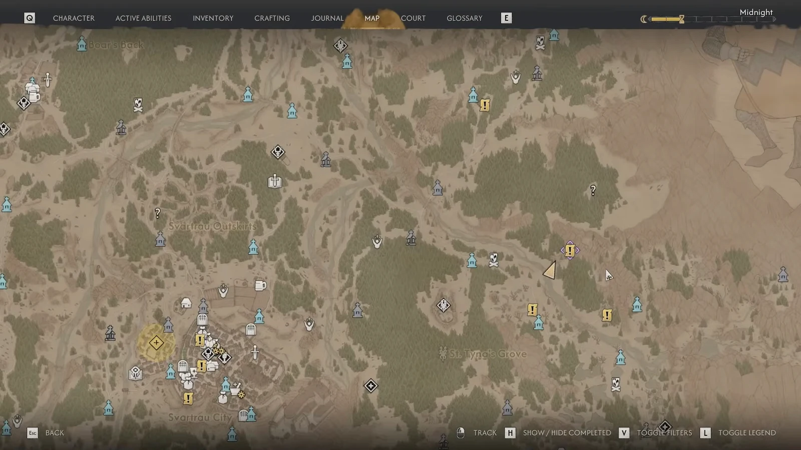 Highlighted quest marker northeast of the St. Tyna’s Grove label; identify the approach with the windchimes.