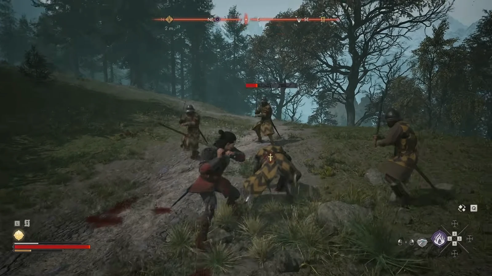 The source’s roadside combat reference. The frame does not display the quest name or establish a fixed escort count.