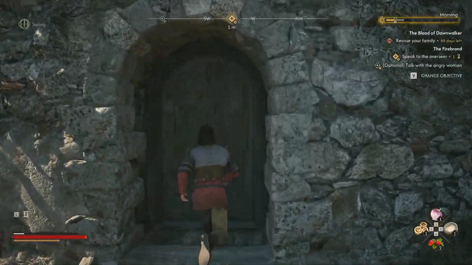 Tower entrance and overseer objective; the save-specific day count is not timer evidence.