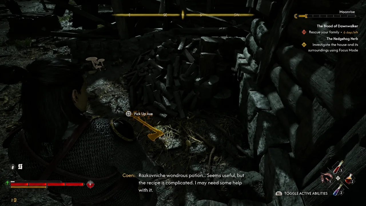 Axe pickup beside the hut, with The Hedgehog Herb investigation active. Corpse questioning still requires daylight.