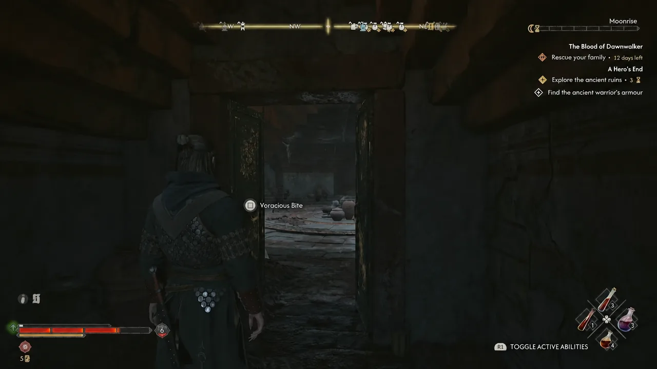 A doorway inside the active ruin quest. The visible prompt is Voracious Bite, not a key pickup.