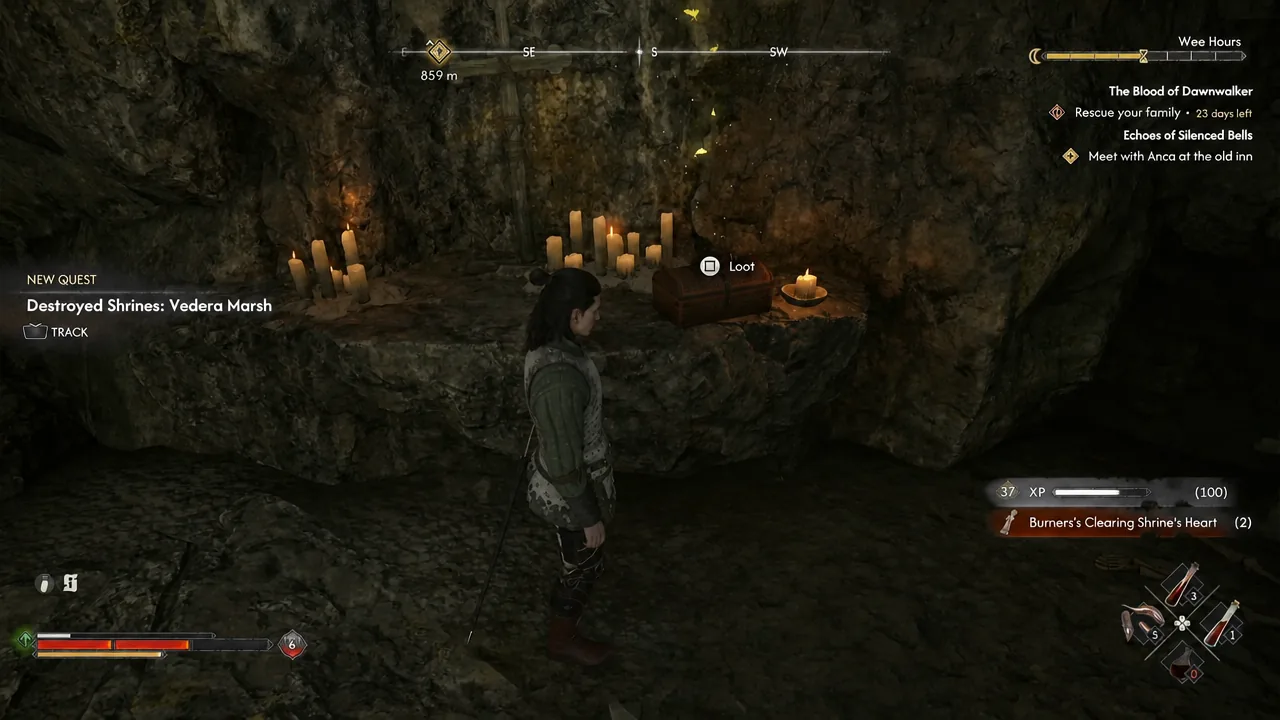 The cave altar has a loot prompt; a Vedera Marsh restoration quest appears. The tracker at upper right belongs to another quest.