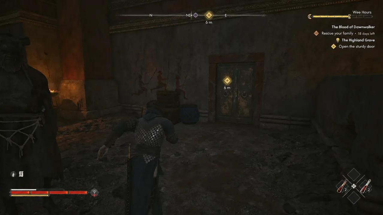 The Highland Grave tracker marks the sturdy door inside the ruins.