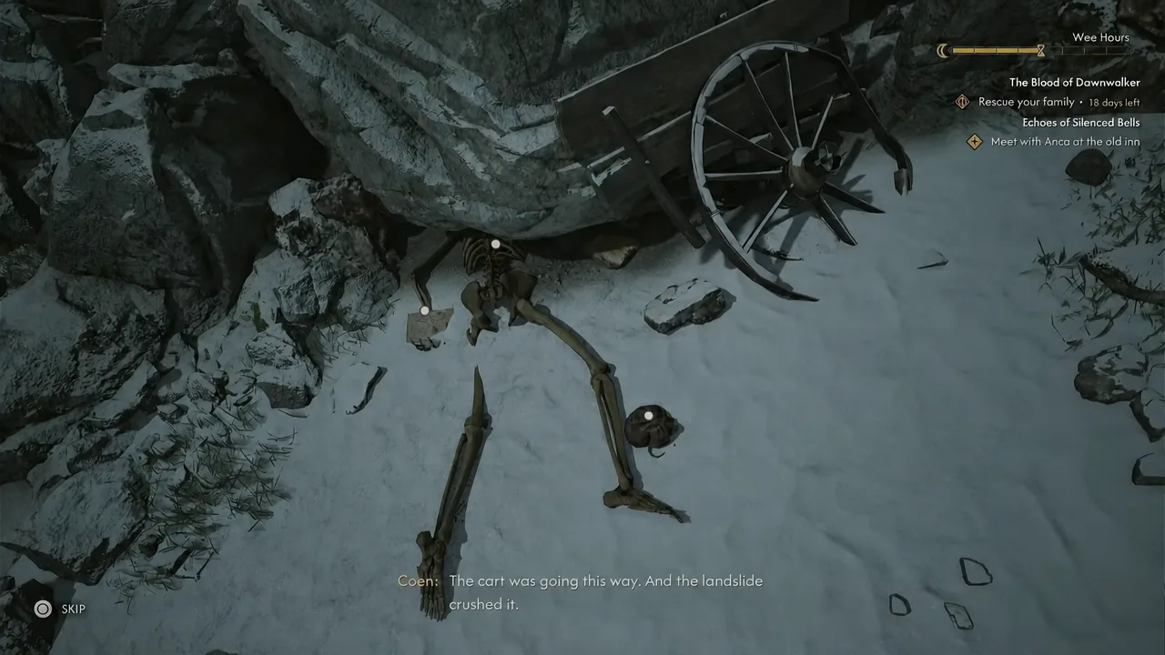 Roadside remains beneath the damaged cart; inspect the scholar's belongings.