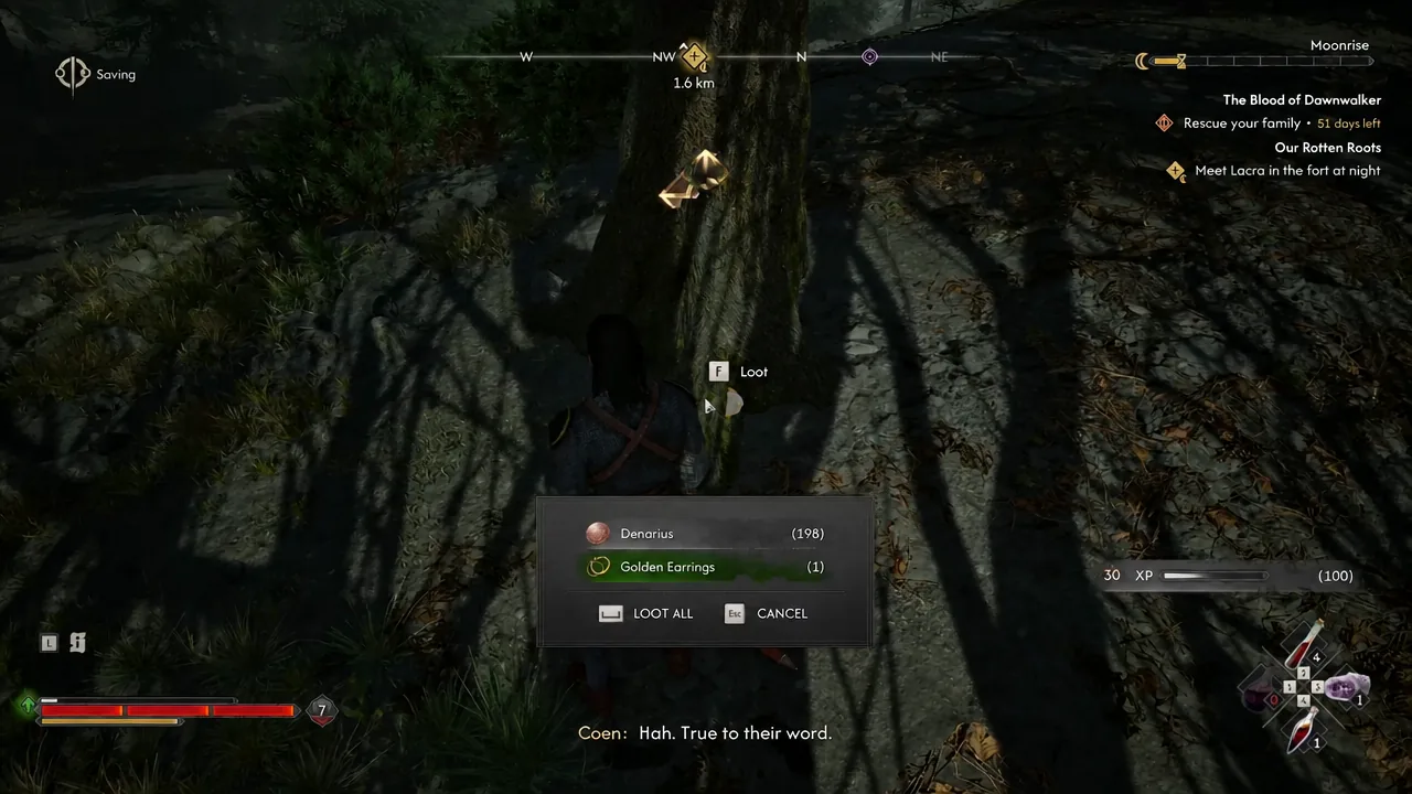Loot at the trunk; the visible inventory lists currency and earrings.