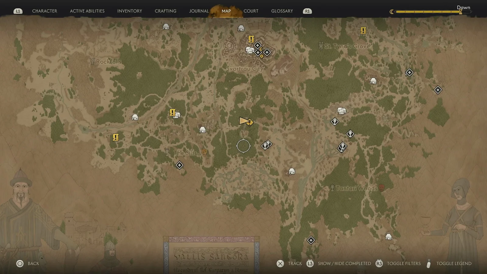 Regional map south of Svartrau City; the player arrow is visible, but no quest-name panel is open.
