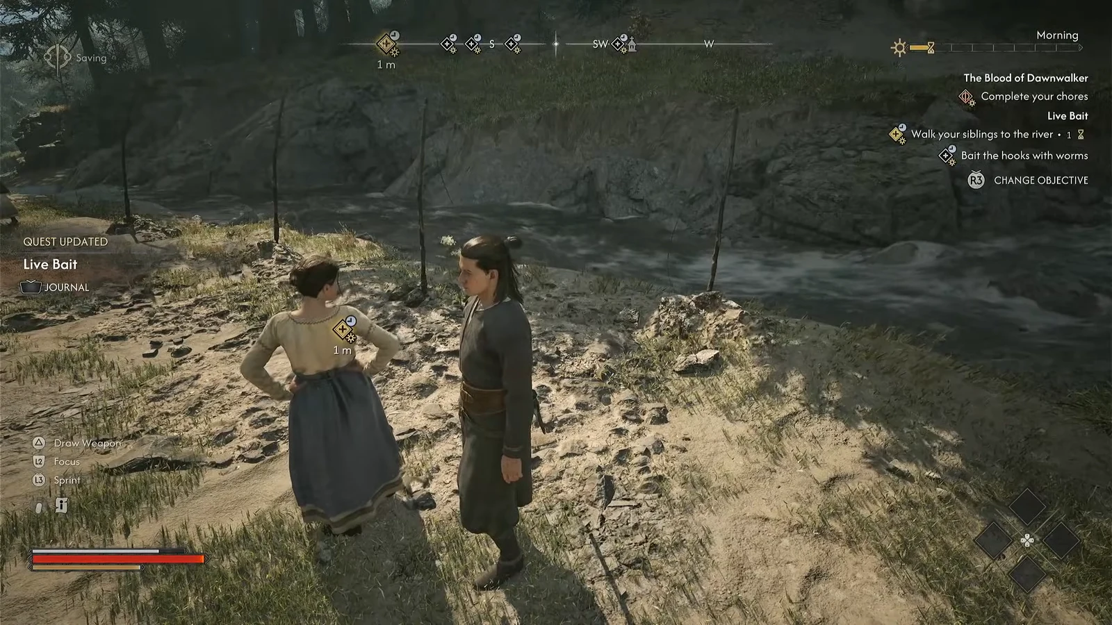 Placed rods beside the river with Live Bait and the baiting objective visible; the rods are no longer hidden in this frame.