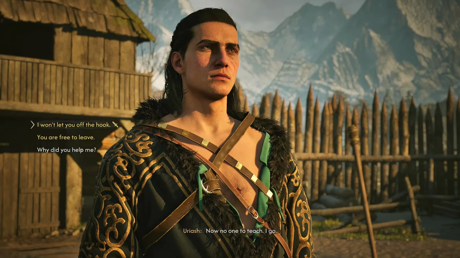 Uriash conversation: the release reply is the second yellow option; the selected first reply has a sword icon.