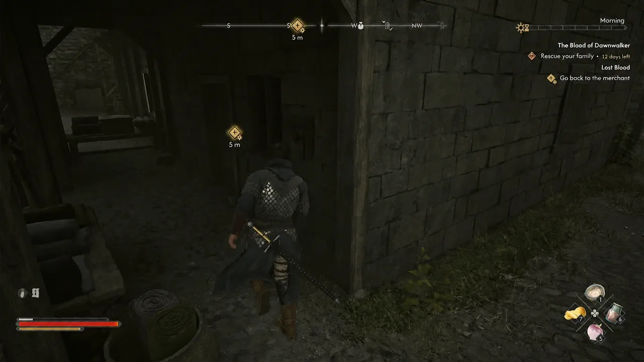 The Lost Blood tracker says to return to the merchant; the time display reads Morning.