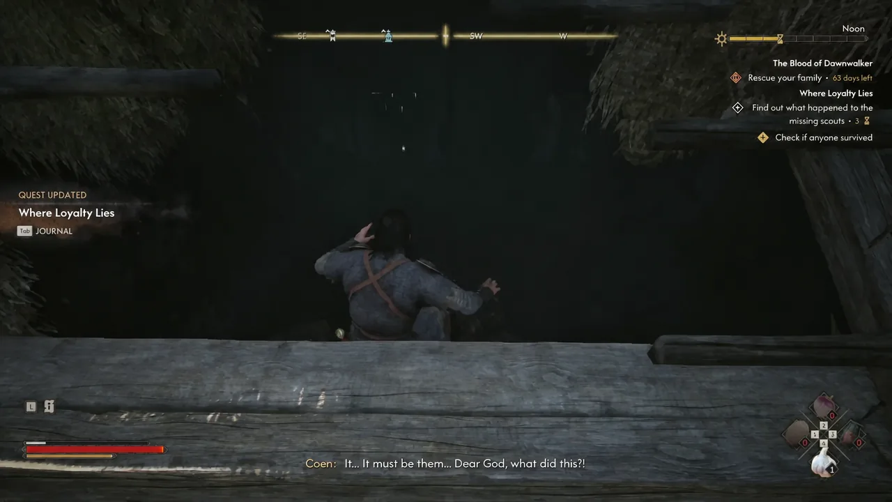 Dropping through the opening; the objective changes to checking for survivors.