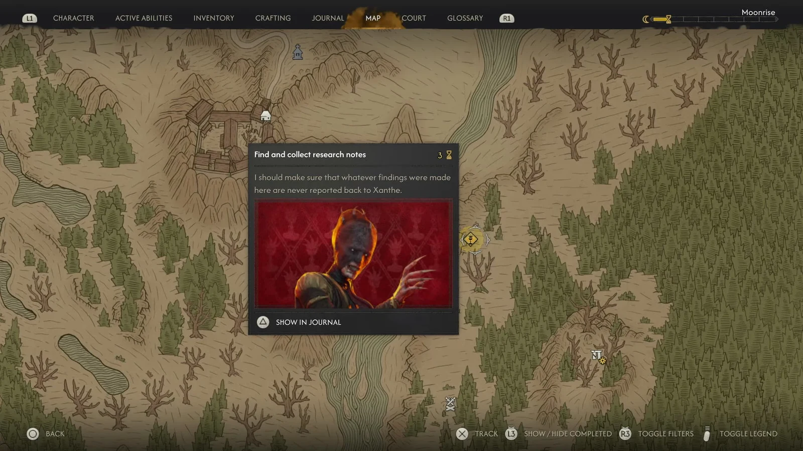The map panel asks for research notes and shows a three-segment cost; the quest name is not displayed.