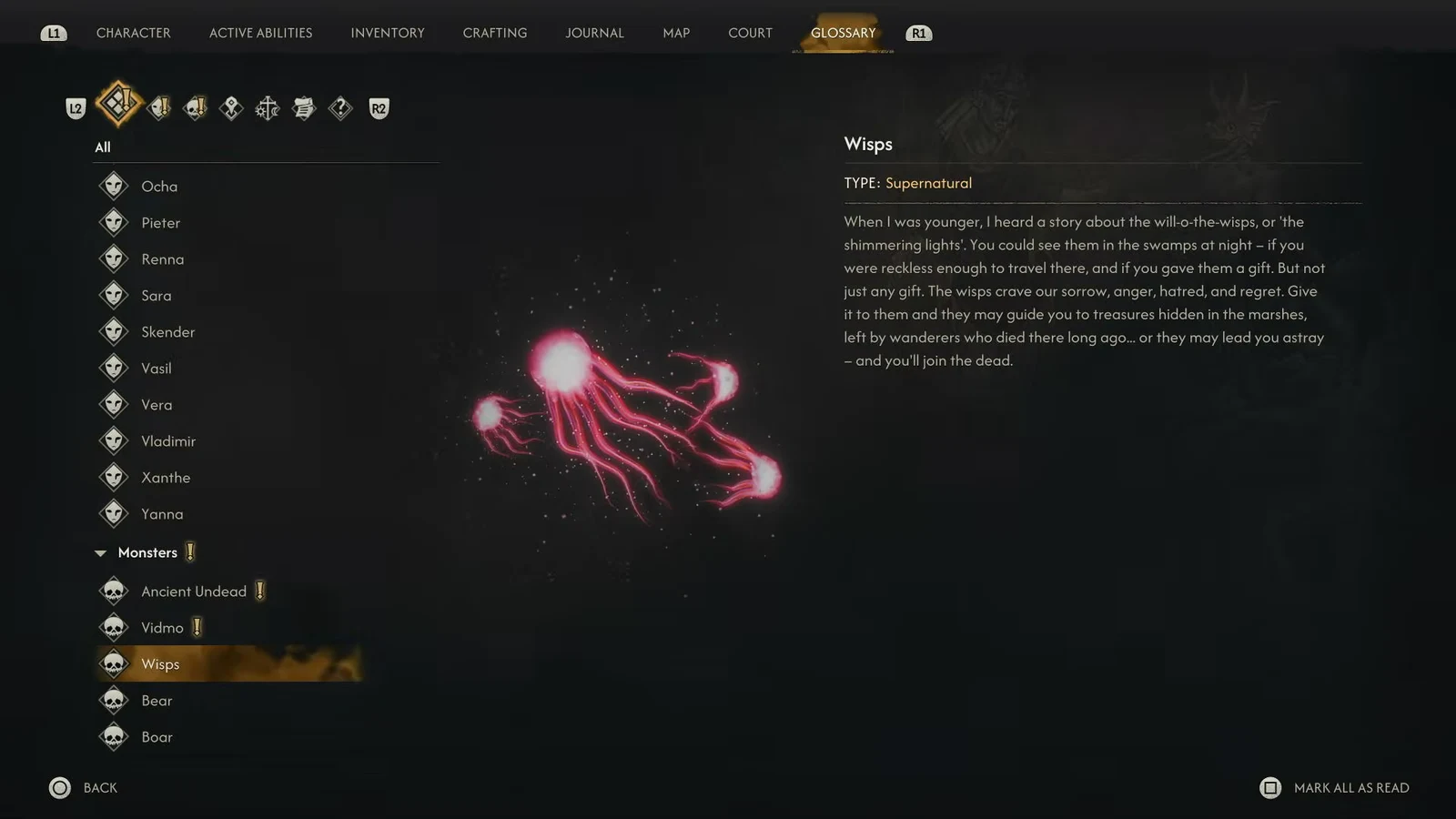 Wisps in the glossary: use this to recognize the red lights, not as a route map.