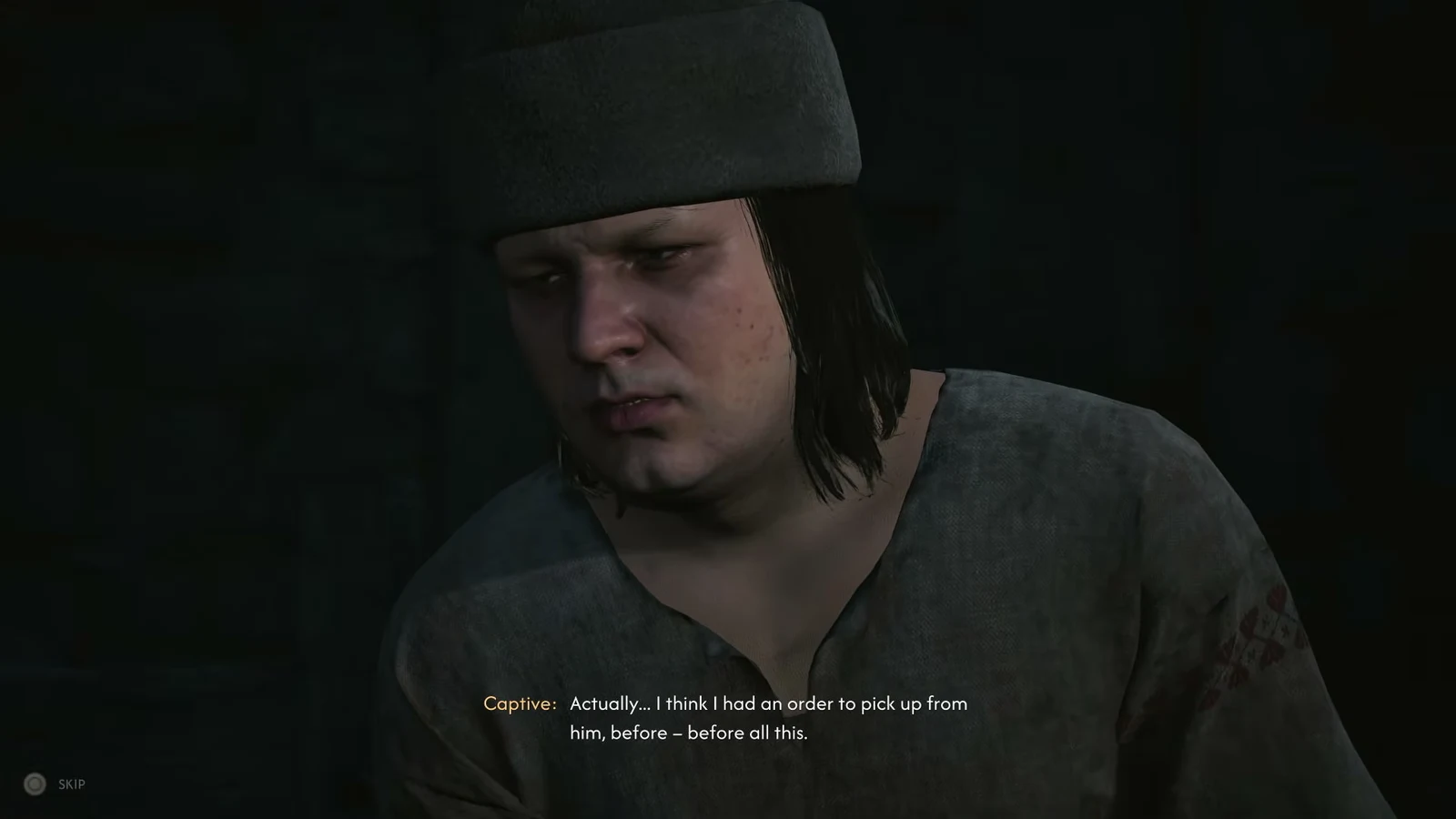 The freed captive discusses an order he had not collected. The image does not show a reward being handed over.