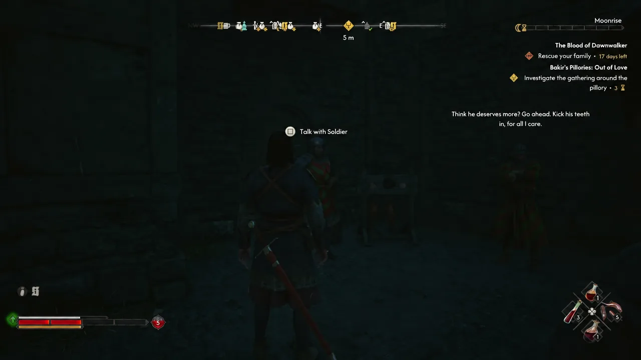 The soldier conversation prompt and Out of Love objective, including the three-segment marker.