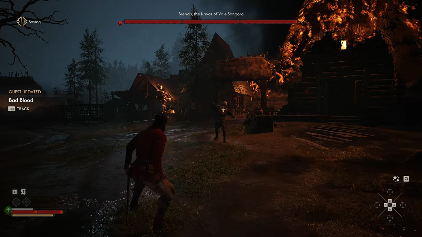 Bad Blood quest update and Brencis’s boss bar in the burning village; this is the encounter, not proof of victory.