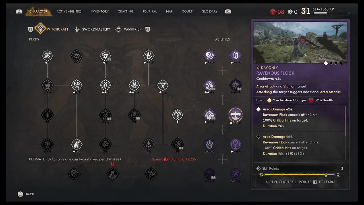 Ravenous Flock panel: daytime restriction, costs and a missing Skill Points message.