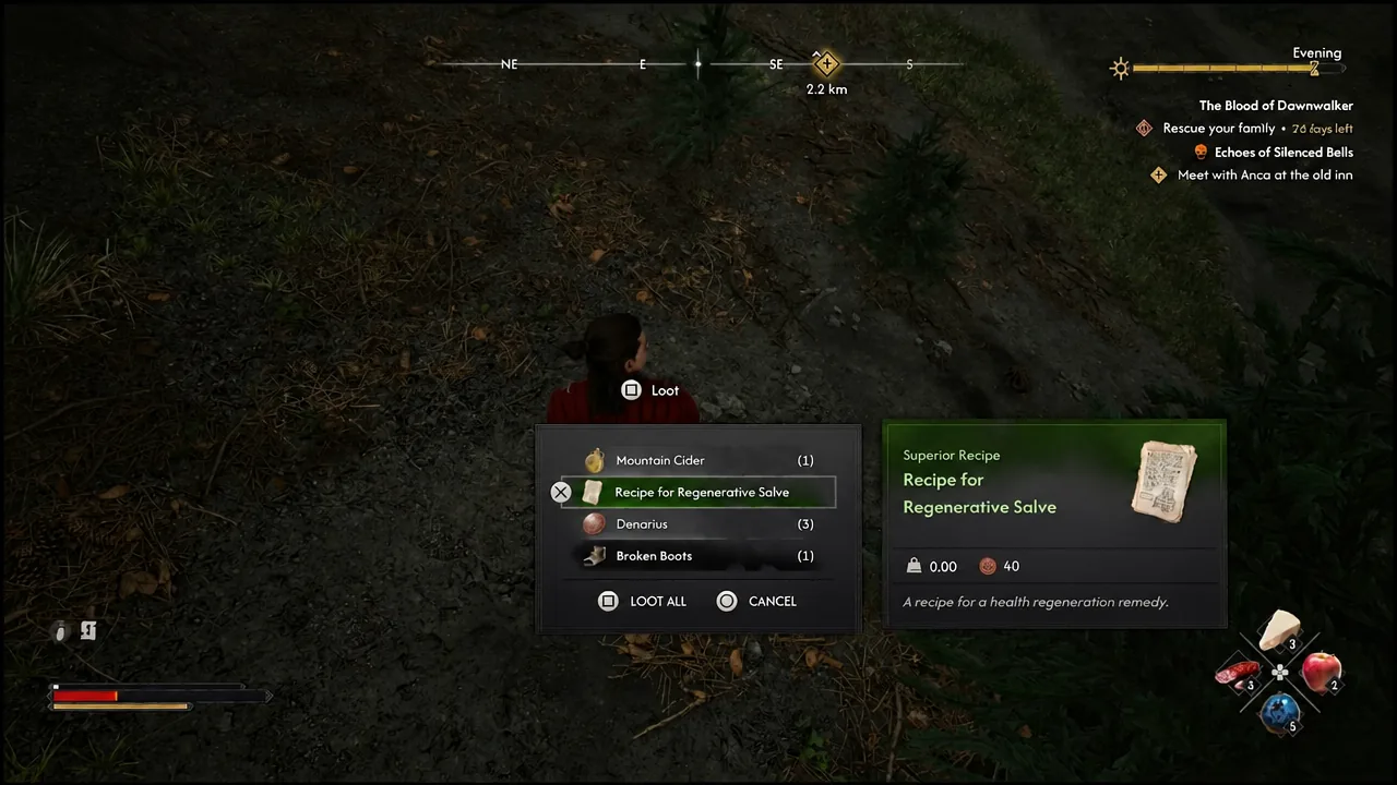 Recipe for Regenerative Salve selected in the loot list
